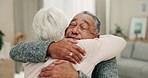 Support, face and elderly friends hug in retirement friendship reunion, bond and help with mental health, grief or sadness. Kindness, empathy or senior people hugging, comfort and care in home lounge