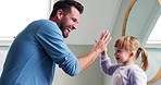 High five, bathroom and a father and child at home to celebrate development and growth. A happy man and a girl kid together in a family house for grooming, hygiene and happiness motivation in morning