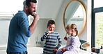 Dad, children and brushing teeth in bathroom for dental wellness, morning routine or teaching healthy habits. Family of mother, kids and cleaning mouth with toothbrush for self care of fresh breath 