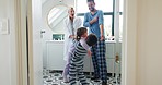 Morning, bathroom and a family with children at home for quality time, bonding and hug. A happy man, woman and kids together in a house for happiness, fun and getting ready  with love and care