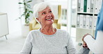 happy, senior woman and caregiver holding hands with patient to show support, care and empathy in healthcare. Elderly person, nurse and therapist with kindness in hospital, office or medical clinic