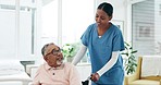 Healthcare, nurse and old man in wheelchair at nursing home for people with disability, help and health. Medical hospital, senior care and elderly person with woman caregiver at retirement clinic.