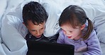 Boy, girl or siblings with tablet, bed and happy together for meme, movie and cartoon show in family home. Young kids, blanket and touchscreen in bedroom for funny video, games and streaming in house