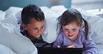 Boy, girl or siblings with tablet, bedroom or happy together for meme, cartoon movie or show in family house. Young kids, blanket and touchscreen in bed for funny video, game or search on app in home