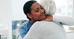 Nurse hug old woman patient, support and senior care with health and help, trust and retirement. Female people embrace, wellness and healthcare with empathy and caregiver, kindness and consultation