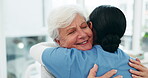 Nurse hug old woman patient, support and elderly care with health and help, trust and retirement. Female people embrace, wellness and healthcare with empathy and caregiver, kindness and consultation