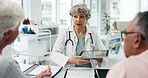Woman, doctor and consulting couple with tablet for hospital assessment, test results and healthcare support. Therapist talking to patients with digital tech for medical analysis, advice and surgery