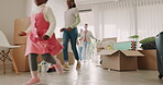 Father, mother or kids running in new home as a black family on real estate with love lifting boxes. Dream house, excited or fun children playing with dad, mom or baby walking together in front door 