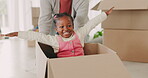 Kid, mother and push box in new house for playing games or race with speed for bond, love or happiness. Mom, excited or African child in cardboard car with a helping hand on floor in family home 