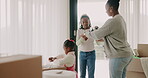 New home, mother or children packing boxes as a black family ready to move out for property relocation. Beginning, parent or African kids leaving an apartment with mom, teddy bear toys or support