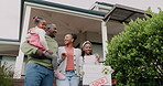 Smile, sold sign or happy kids in new home as a black family on real estate talking with love or pride. Dream house, investment or African children with dad or mom on property in relocation together