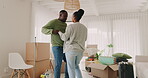 Happy couple, dancing and moving into a house while excited to celebrate. New home, keys and love of black man and woman at property with gratitude, help and support for apartment mortgage or rent