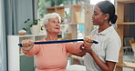 Old woman, chiropractor and physical therapy, resistance band and muscle with strength training and health. Female people at clinic, physiotherapist and patient with rehabilitation and elderly care