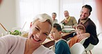 Selfie, family face and dinner with kids, parents and grandparents together with fun. Dining room, portrait and bonding with children, mother and dad at thanksgiving with picture for social media