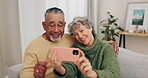 Senior couple, love and happy selfie at home on sofa for social media. Elderly man and woman together in living room for profile picture, commitment or memory of marriage and happiness in retirement