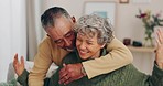 Happy, hug and senior couple on couch at home in marriage and retirement with love, support and care. House, living room and elderly people relax on a lounge sofa with embrace and romance with smile