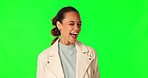 Business woman, wink and face by green screen for secret, comic joke and laughing by studio background. Entrepreneur, happy smile and funny sign with eyes for deal, promo and fashion with chroma key