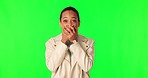 Green screen, laugh and hands on face of woman in studio shocked by gossip, rumor or joke on mockup background. Happy, joke and portrait of lady person with emoji reaction to comedy, secret or drama