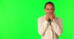 Woman face, hand pointing and wow for green screen, news or surprise sale on mockup studio background. Omg, portrait and excited lady model with finger sign for coming soon, promotion or announcement