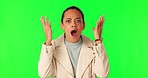 Green screen, face and woman with mind blown hands in studio for wtf, news or information on mockup background. Wow, portrait and lady model surprised by gossip, shocking or drama with emoji reaction