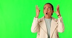 Green screen, woman and face with mind blown hands in studio for omg, news or information on mockup background. Wow, portrait and lady model surprised by gossip, shocking or drama with emoji reaction