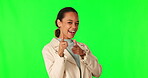 Happy woman, pointing at you and green screen with choice, hand gesture and mock up on studio background. Female person, decision and support with emoji, accountability and selection with vote