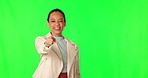 Happy business woman, green screen and point at you with smile on face for decision, recruitment and studio background. Entrepreneur, human resources expert and choice for onboarding, sign and vote