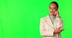 Thinking, green screen and woman in studio with mockup space for advertising, promotion or marketing. Idea, brainstorming and portrait of female model with planning gesture by chroma key background.