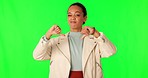 Woman, doctor and thumbs down hand sign with face and green screen with stop and medical disagree. Female professional, portrait and studio with no, decline and bad choice gesture for healthcare tips