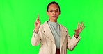 Woman, doctor and no hand sign with face and green screen with stop and medical disagree. Female professional, portrait and studio with rejection, decline and bad choice gesture for healthcare tips