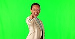Business woman, green screen and point at you with smile on face for choice, recruitment and studio background. Entrepreneur, human resources expert or happy for decision, onboarding or sign for vote