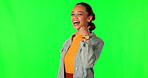 Call me, green screen and a happy young woman flirting on a studio background. Portrait of gen z student person with hand sign for contact us announcement, communication or talking emoji with hands