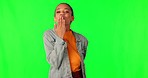 Blowing kiss, green screen and a happy young woman laughing on a green background. Portrait of gen z student person with fashion and smile for flirting, air kissing or love emoji with hands in studio