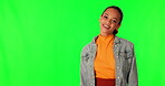 Smile, green screen and a happy young woman with space on a studio background. Portrait of gen z, latino or student person with fashion and happiness for announcement, advertising or mockup promotion
