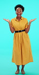 Wow, surprise and portrait of an excited woman in studio with hands on face for announcement. Black female person on a vertical blue background while shocked about gossip, promotion or good news