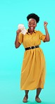 Studio dance, money fan and black woman celebrate winning prize, bonus or success achievement, reward or profit. Finance, excited energy and African person, winner or saving cash on blue background