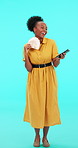 Studio phone, money fan or black woman happy for winning prize, bonus salary or reading success achievement. Financial cashback, cellphone and African person, winner or saving cash on blue background