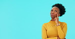 Black woman, thinking and mockup in studio for idea in advertising, branding or presentation of decision or space for choice. African person, question and confused about why, faq or planning solution