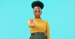 Angry, face and woman with stop sign in studio for warning, alert or prohibition symbol. Upset, serious and portrait of African female model with rejection hand gesture by blue background with mockup