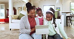 Streaming, happy and a mother with children and a tablet for education, social media or a cartoon. Family, smile and an African mom and kids with a website, movie or reading meme on tech in a house