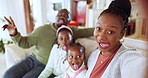 Funny, selfie and portrait of black family in home, living room or parents, kids and relax on lounge, sofa or couch on holiday. African couple, children and together with silly face and peace sign