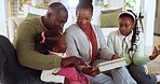 Parents watching a show on a tablet with their kids in the living room for bonding together. Happy, love and African family browsing on social media or the internet with digital technology at home