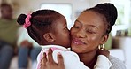 Mother, child and bonding at home with hug, parent love and mom support in living room. African female person, house and mama care with kids and children relax together for family fun with a smile