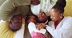 Family, selfie and playing on a home sofa with a mother, father and children bonding with love. African man, woman and kids portrait or relax for funny game, social media photo and memory with tablet