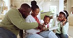 Parents watching a movie on tablet with their children in the living room for bonding together. Happy, love and African family streaming show or video on social media with digital technology at home.