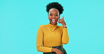 Pointing, phone call hand and black woman on a blue background for choice, recruitment or marketing. Happy, communication and face portrait of African girl with a mobile gesture on a mockup backdrop