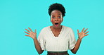 Face, surprise and black woman with gossip, wow and announcement on a blue studio background. Portrait, person or model with omg, reject and shock with news, reaction and feedback with mockup space