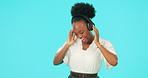 Music, dance and black woman with headphones, happy and listen in studio isolated on a blue background mockup space. Radio, streaming and person hearing podcast, sound or audio for moving with energy