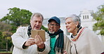 Happy, selfie and senior friends in parks for social media, support and freedom. Retirement, smile and post with mature people  and picture in nature for community, relax and happiness together