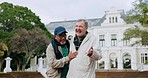 Nature, laugh and elderly friends walking in an outdoor park for fresh air and wellness exercise. Happy, smile and senior men in conversation while bonding, having fun and exploring garden together.